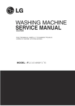 Lg f1048ndr service manual cover with LG logo, service website path, washer model codes and service caution notice