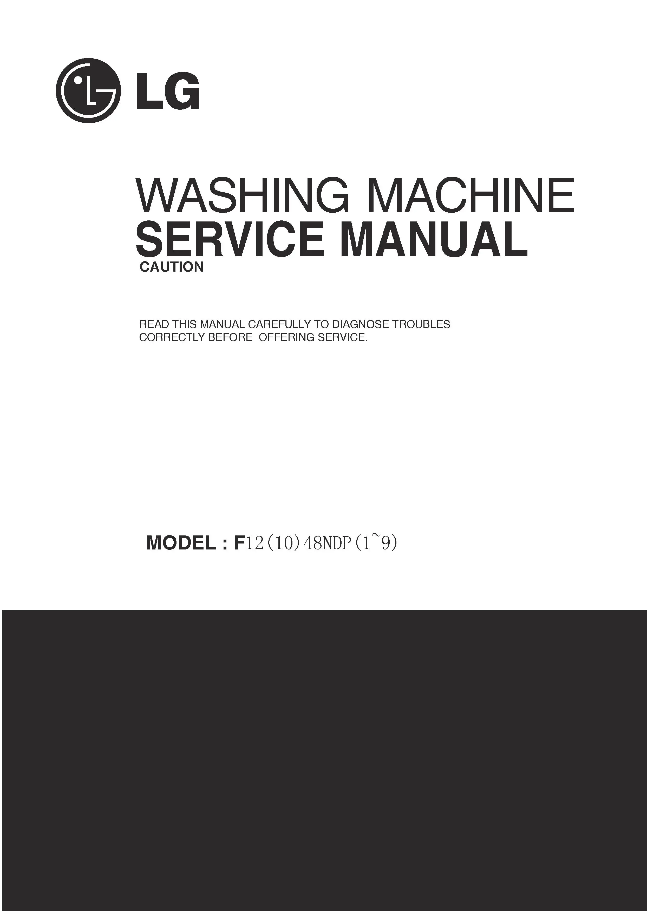 Lg f1048ndr service manual cover with LG logo, service website path, washer model codes and service caution notice