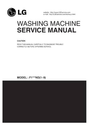 Lg f1056md5 service manual cover with LG logo, service website path, washer model codes and service caution notice