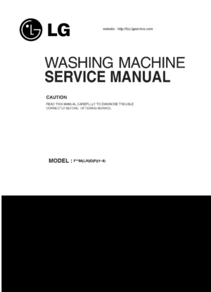 Lg f1056mdp25 service manual cover with LG logo, service website path, washer model codes and service caution notice