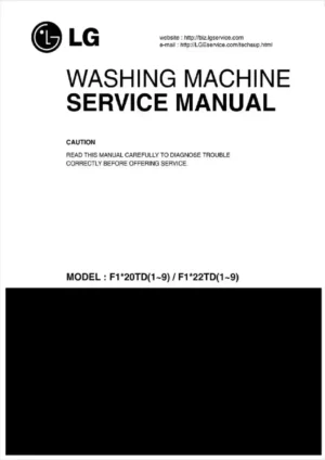 Lg f1056qd service manual cover with LG logo, service website path, washer model codes and service caution notice