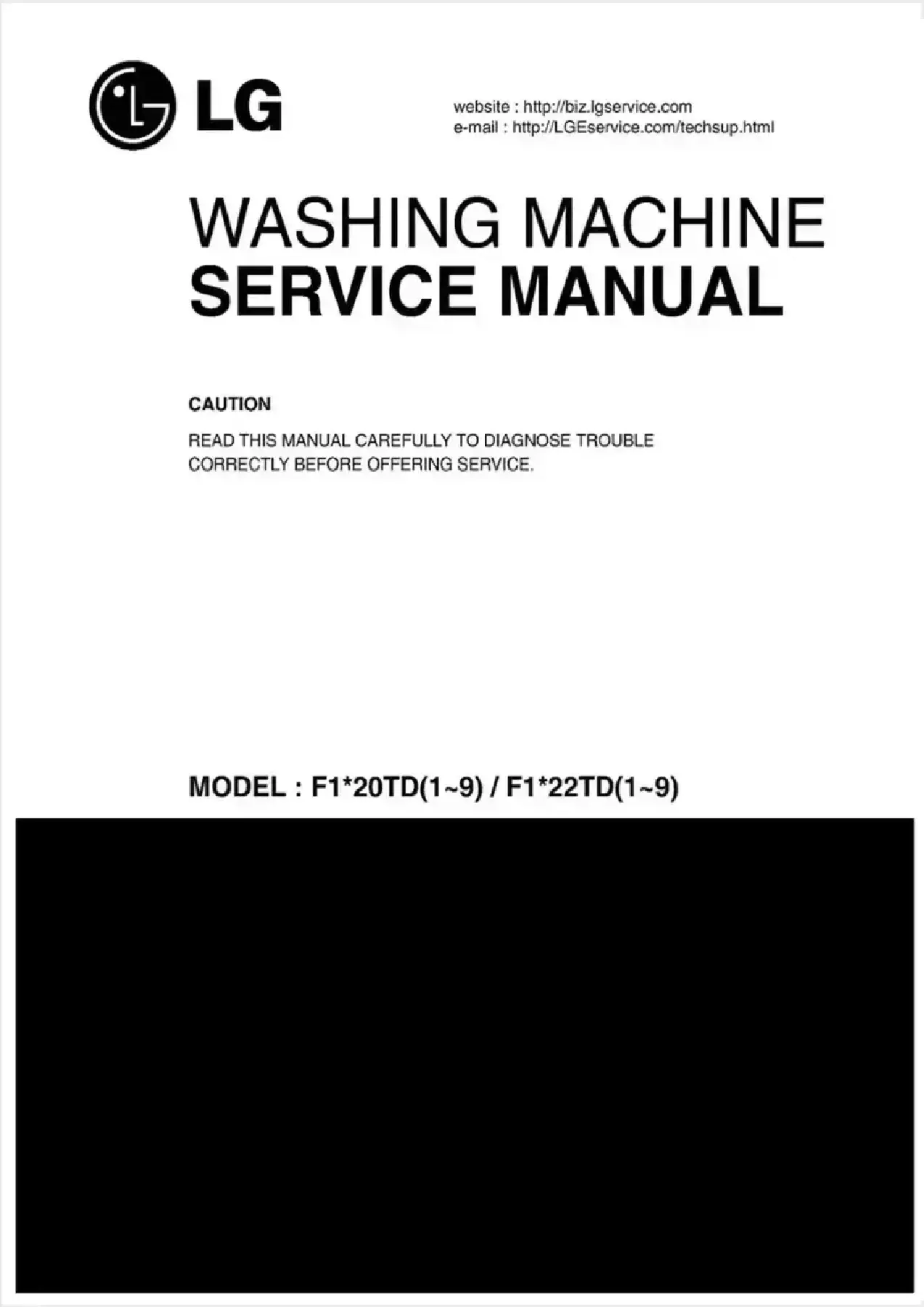 Lg f1056qd service manual cover with LG logo, service website path, washer model codes and service caution notice