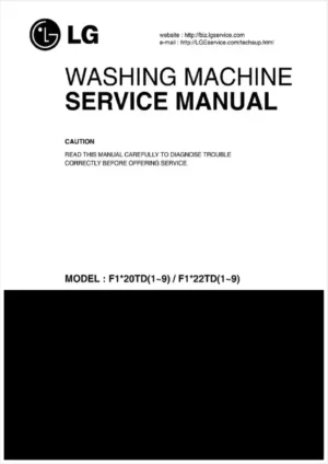 Lg f1056qd1 service manual cover with LG logo, service website path, washer model codes and service caution notice