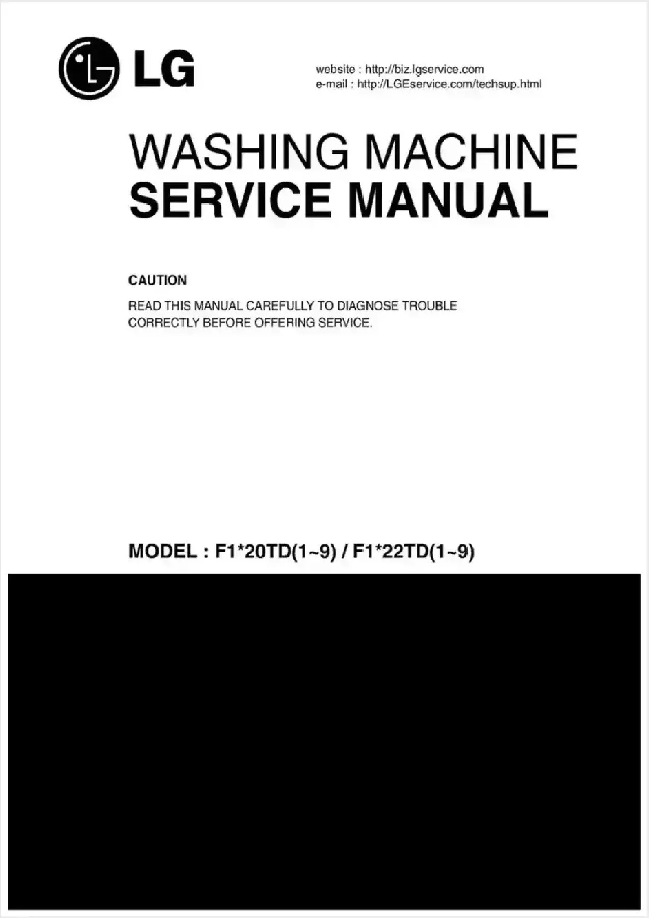 Lg f1056qd1 service manual cover with LG logo, service website path, washer model codes and service caution notice