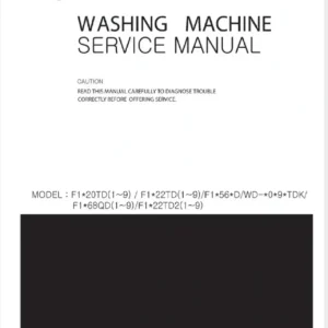 Lg f1056qd2 service manual cover with LG logo, service website path, washer model codes and service caution notice