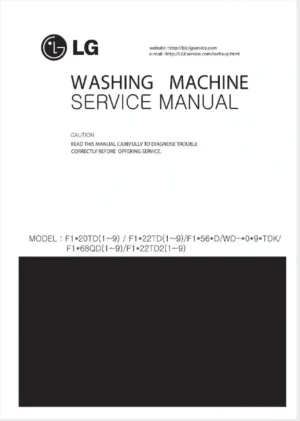 Lg f1056qd2 service manual cover with LG logo, service website path, washer model codes and service caution notice