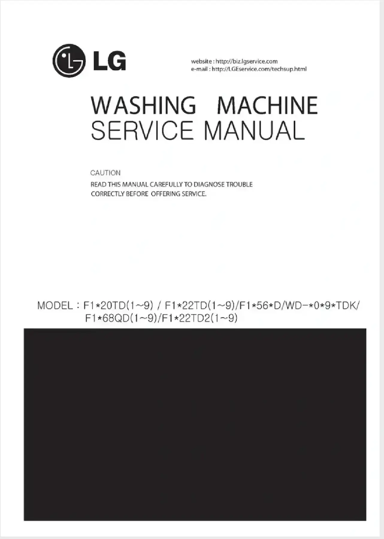 Lg f1056qd2 service manual cover with LG logo, service website path, washer model codes and service caution notice