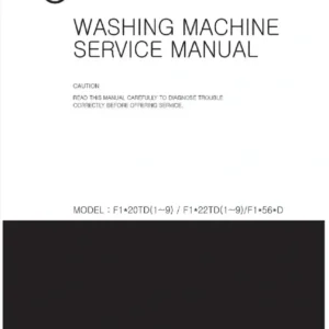 Lg f1056qd5 service manual cover with LG logo, service website path, washer model codes and service caution notice