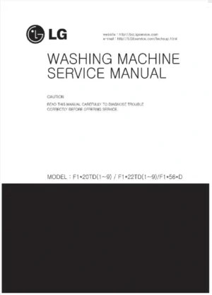 Lg f1056qd5 service manual cover with LG logo, service website path, washer model codes and service caution notice
