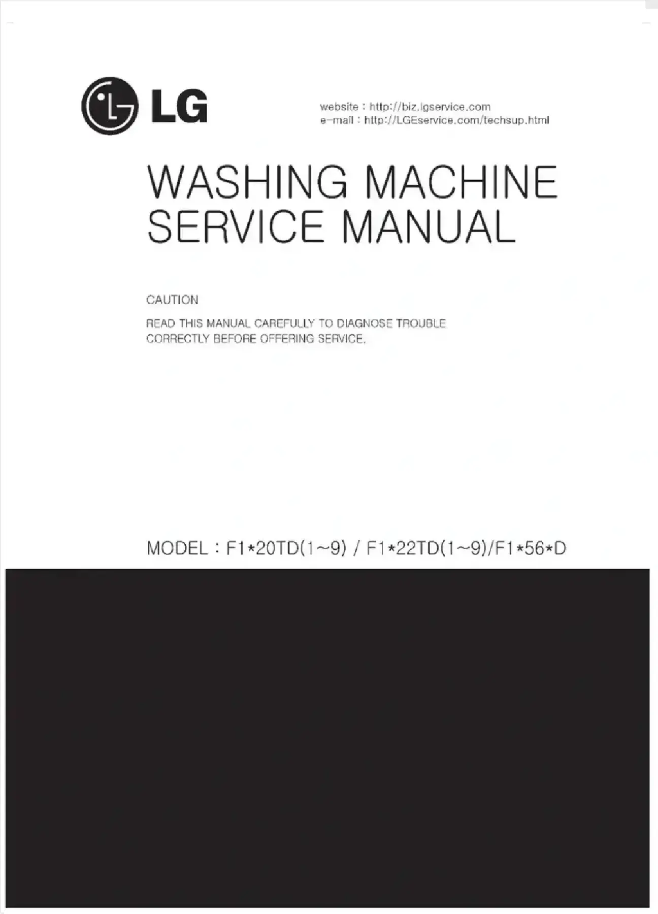 Lg f1056qd5 service manual cover with LG logo, service website path, washer model codes and service caution notice