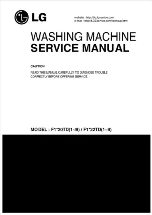 Lg f1056qdp service manual cover with LG logo, service website path, washer model codes and service caution notice