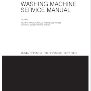 Lg f1056qdp1 service manual cover with LG logo, service website path, washer model codes and service caution notice