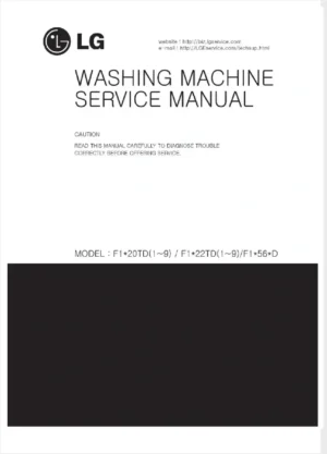 Lg f1056qdp1 service manual cover with LG logo, service website path, washer model codes and service caution notice