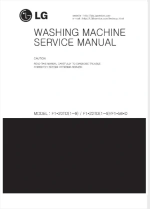 Lg f1056qdp21 service manual cover with LG logo, service website path, washer model codes and service caution notice