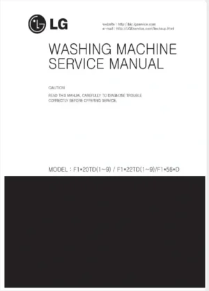 Lg f1056qdp25 service manual cover with LG logo, service website path, washer model codes and service caution notice
