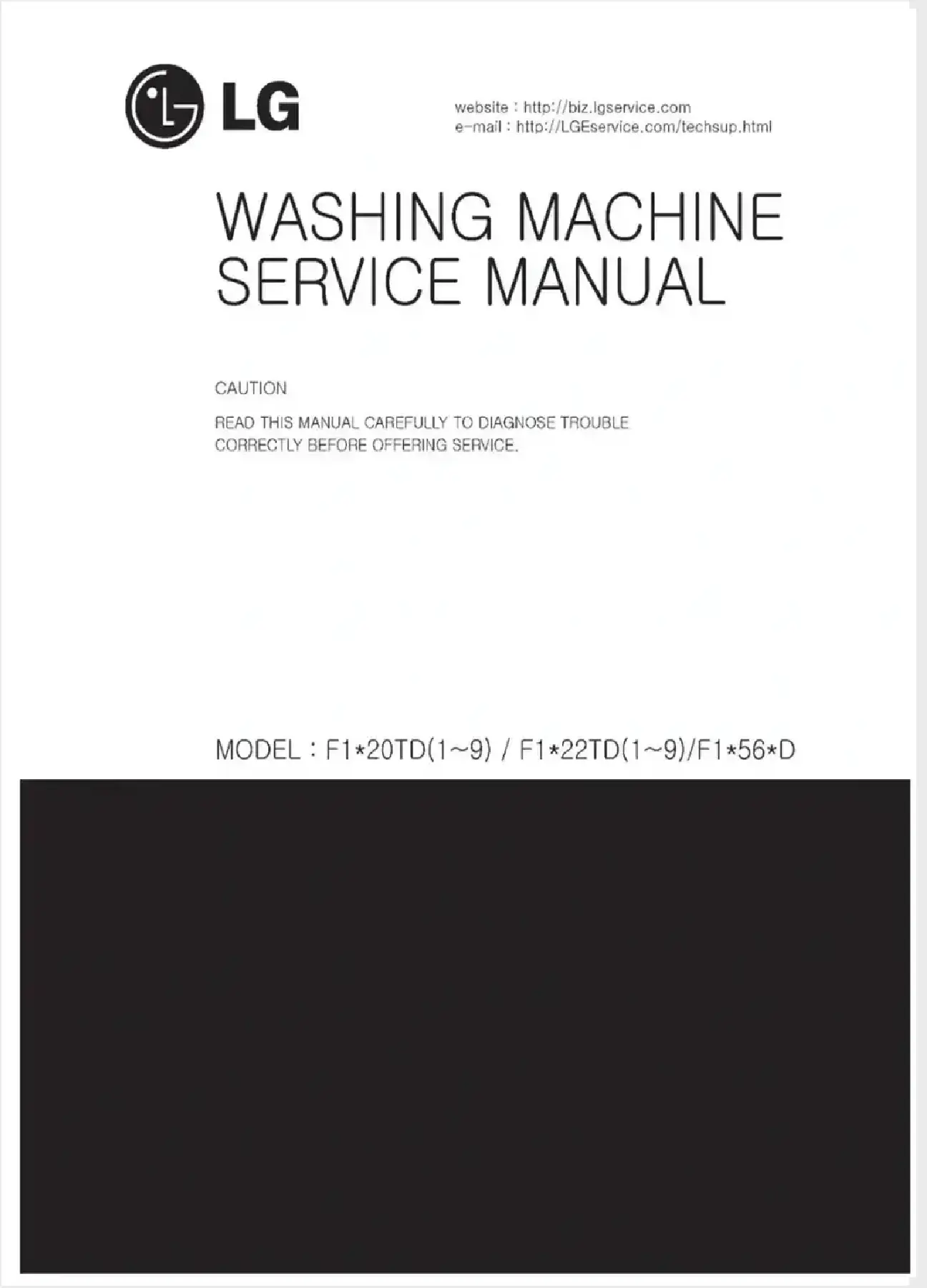 Lg f1056qdp25 service manual cover with LG logo, service website path, washer model codes and service caution notice