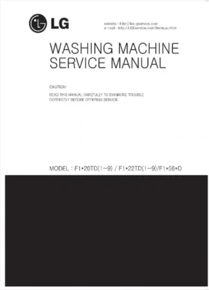 Lg f1056qdp5 service manual cover with LG logo, service website path, washer model codes and service caution notice