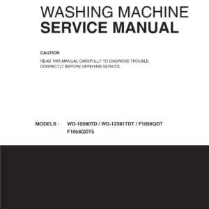 Lg f1056qdt service manual cover with LG logo, service website path, washer model codes and service caution notice