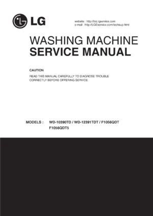 Lg f1056qdt service manual cover with LG logo, service website path, washer model codes and service caution notice