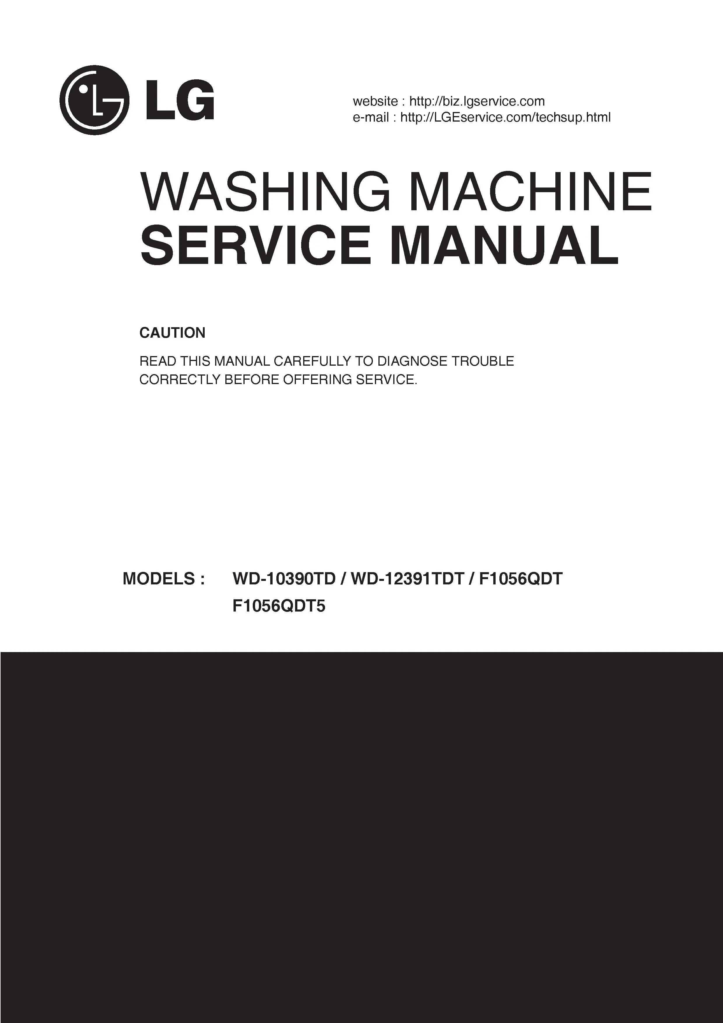 Lg f1056qdt service manual cover with LG logo, service website path, washer model codes and service caution notice