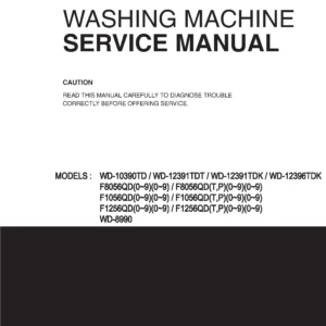 Lg f1056qdt2 service manual cover with LG logo, service website path, washer model codes and service caution notice