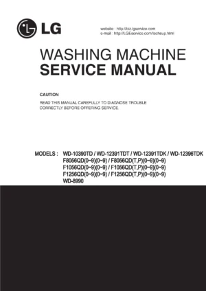 Lg f1056qdt21 service manual cover with LG logo, service website path, washer model codes and service caution notice