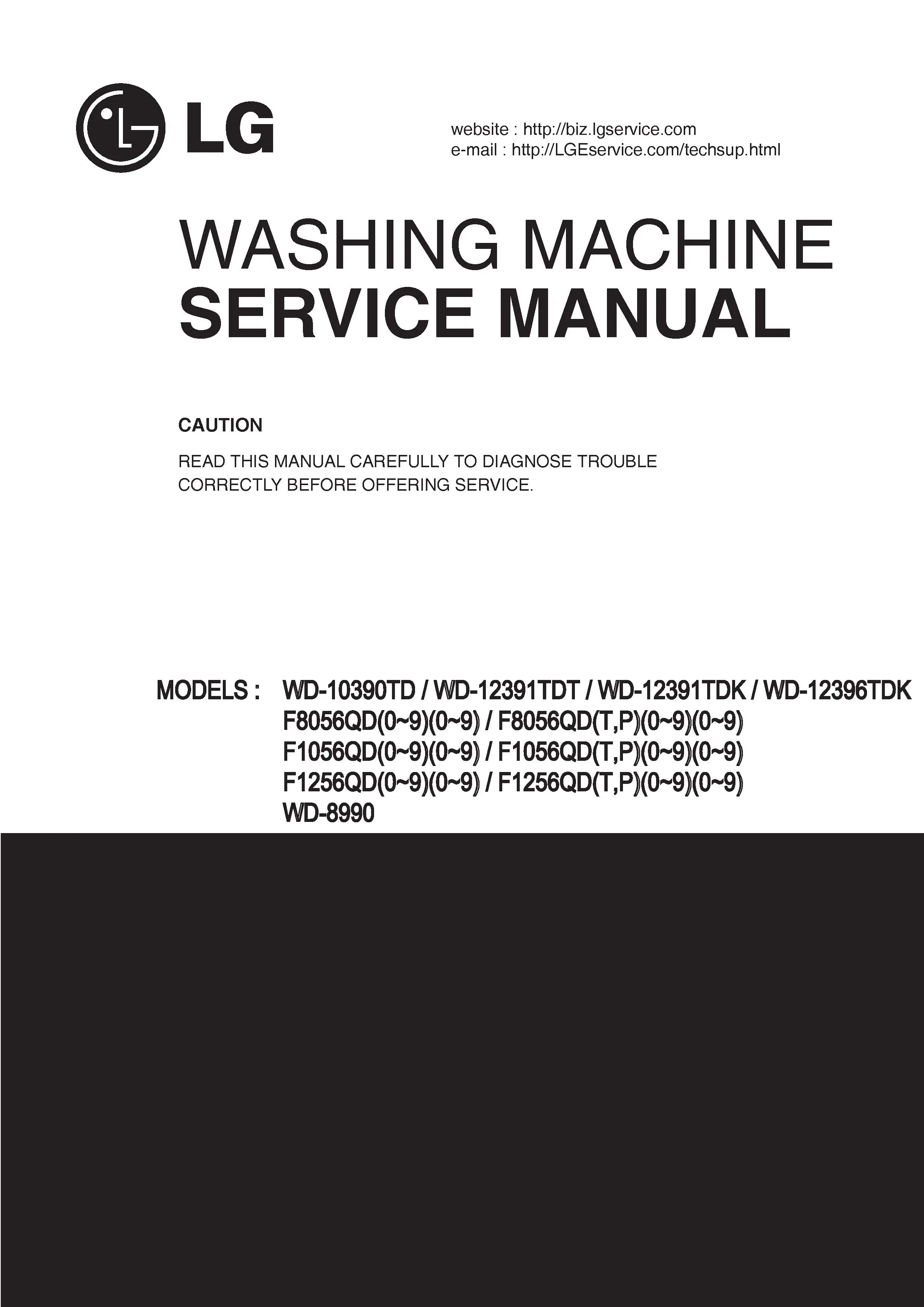 Lg f1056qdt25 service manual cover with LG logo, service website path, washer model codes and service caution notice