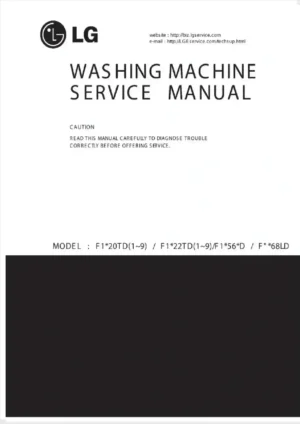 Lg f1068ld service manual cover with LG logo, service website path, washer model codes and service caution notice
