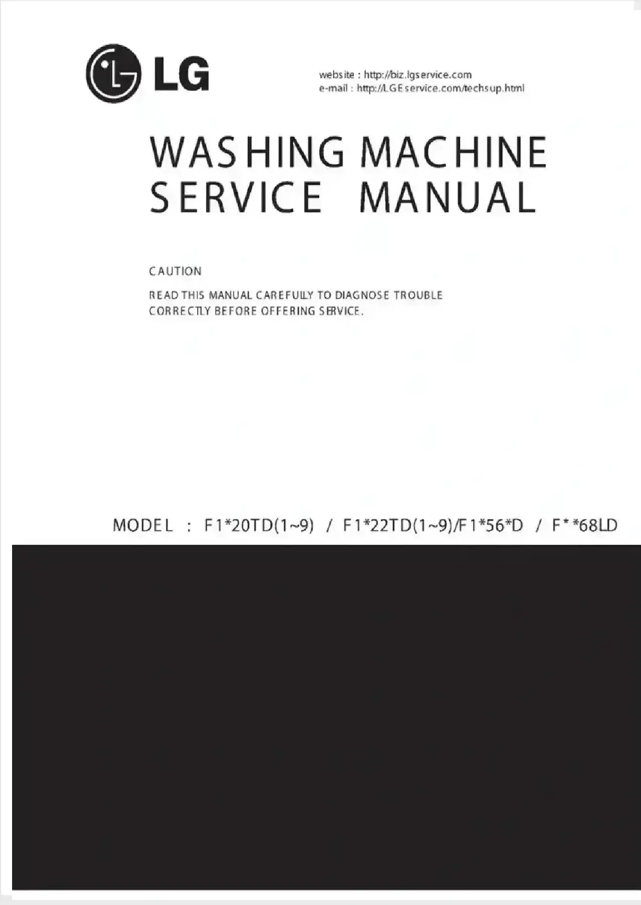 Lg f1068ld service manual cover with LG logo, service website path, washer model codes and service caution notice