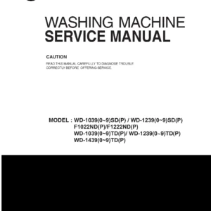 Lg f1068ld9 service manual cover with LG logo, service website path, washer model codes and service caution notice