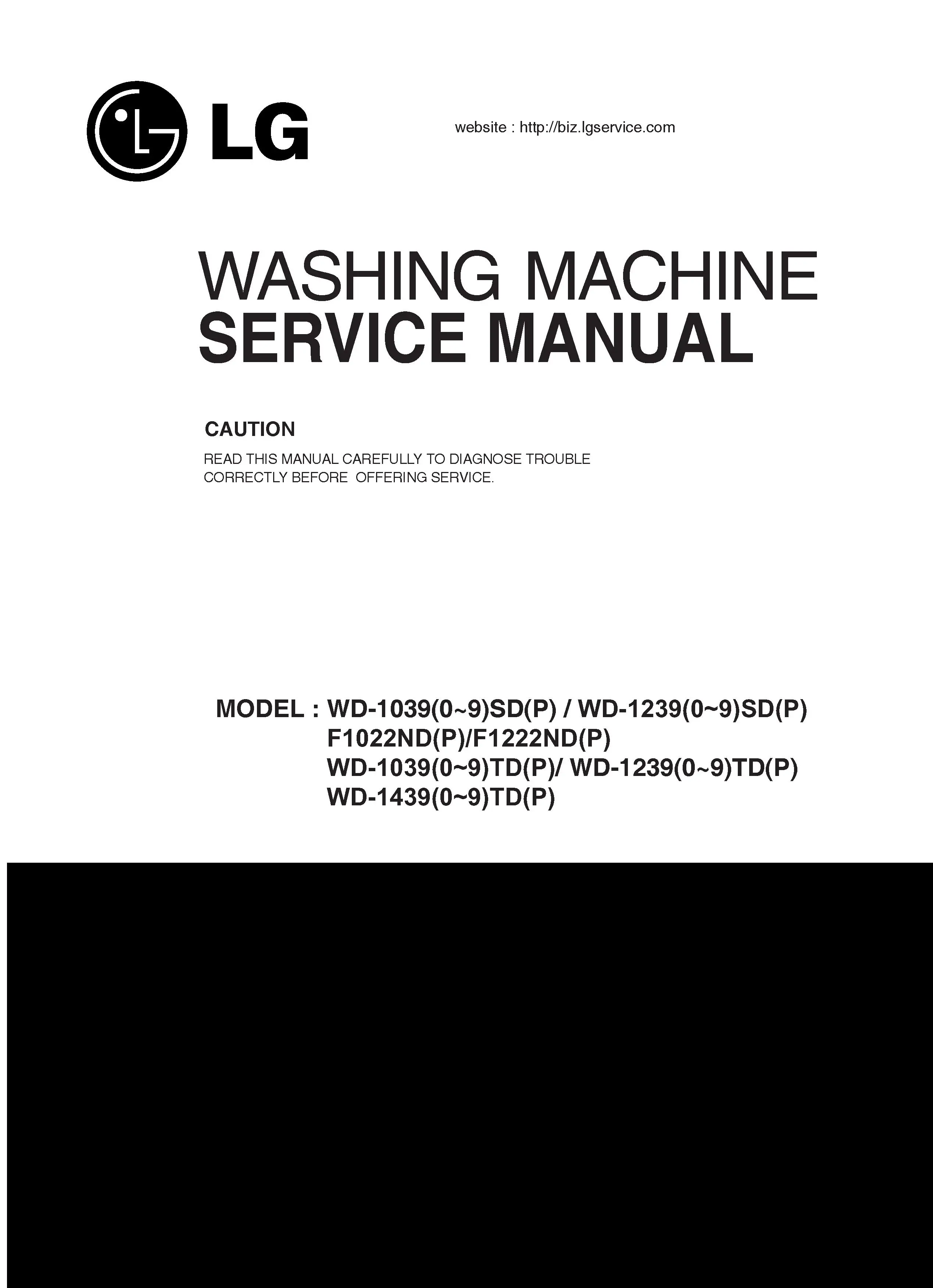 Lg f1068ld9 service manual cover with LG logo, service website path, washer model codes and service caution notice