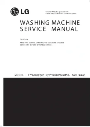 Lg f1068ldp2 service manual cover with LG logo, service website path, washer model codes and service caution notice