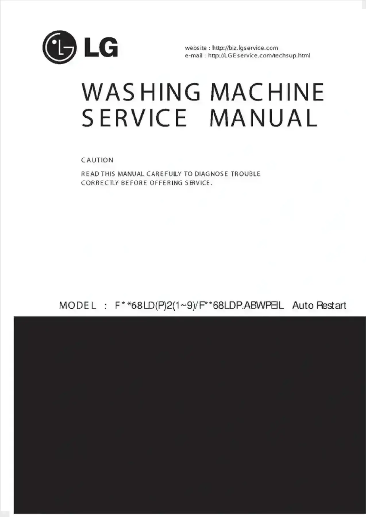 Lg f1068ldp2 service manual cover with LG logo, service website path, washer model codes and service caution notice