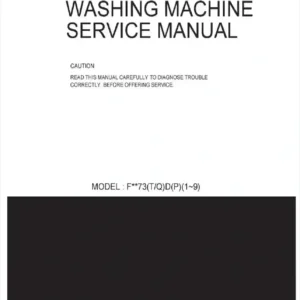 Lg f1073nd service manual cover with LG logo, service website path, washer model codes and service caution notice