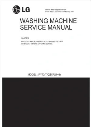 Lg f1073nd service manual cover with LG logo, service website path, washer model codes and service caution notice