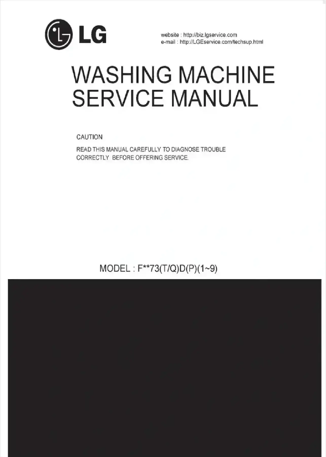 Lg f1073nd service manual cover with LG logo, service website path, washer model codes and service caution notice