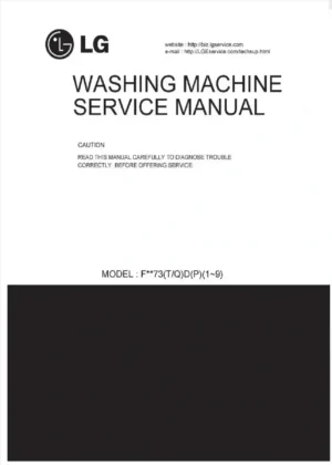 Lg f1073nd3 service manual cover with LG logo, service website path, washer model codes and service caution notice