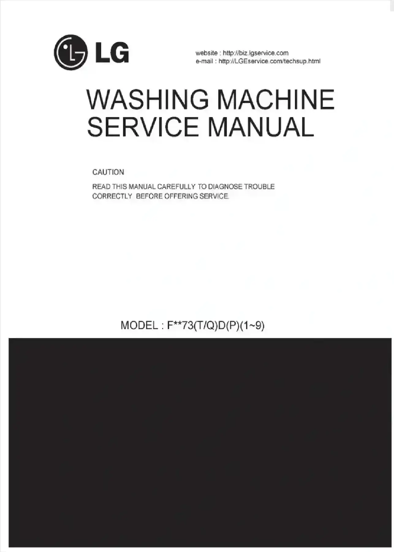 Lg f1073nd3 service manual cover with LG logo, service website path, washer model codes and service caution notice