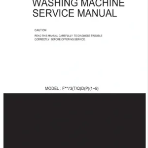 Lg f1073nd5 service manual cover with LG logo, service website path, washer model codes and service caution notice