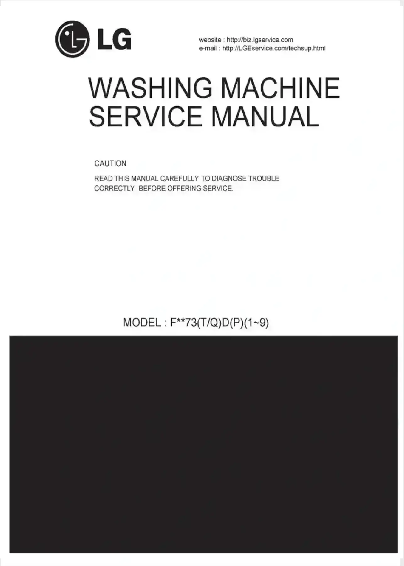 Lg f1073nd5 service manual cover with LG logo, service website path, washer model codes and service caution notice