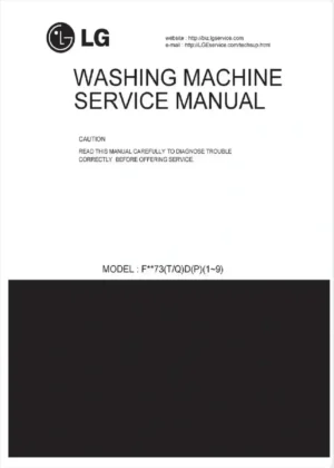 Lg f1073td service manual cover with LG logo, service website path, washer model codes and service caution notice