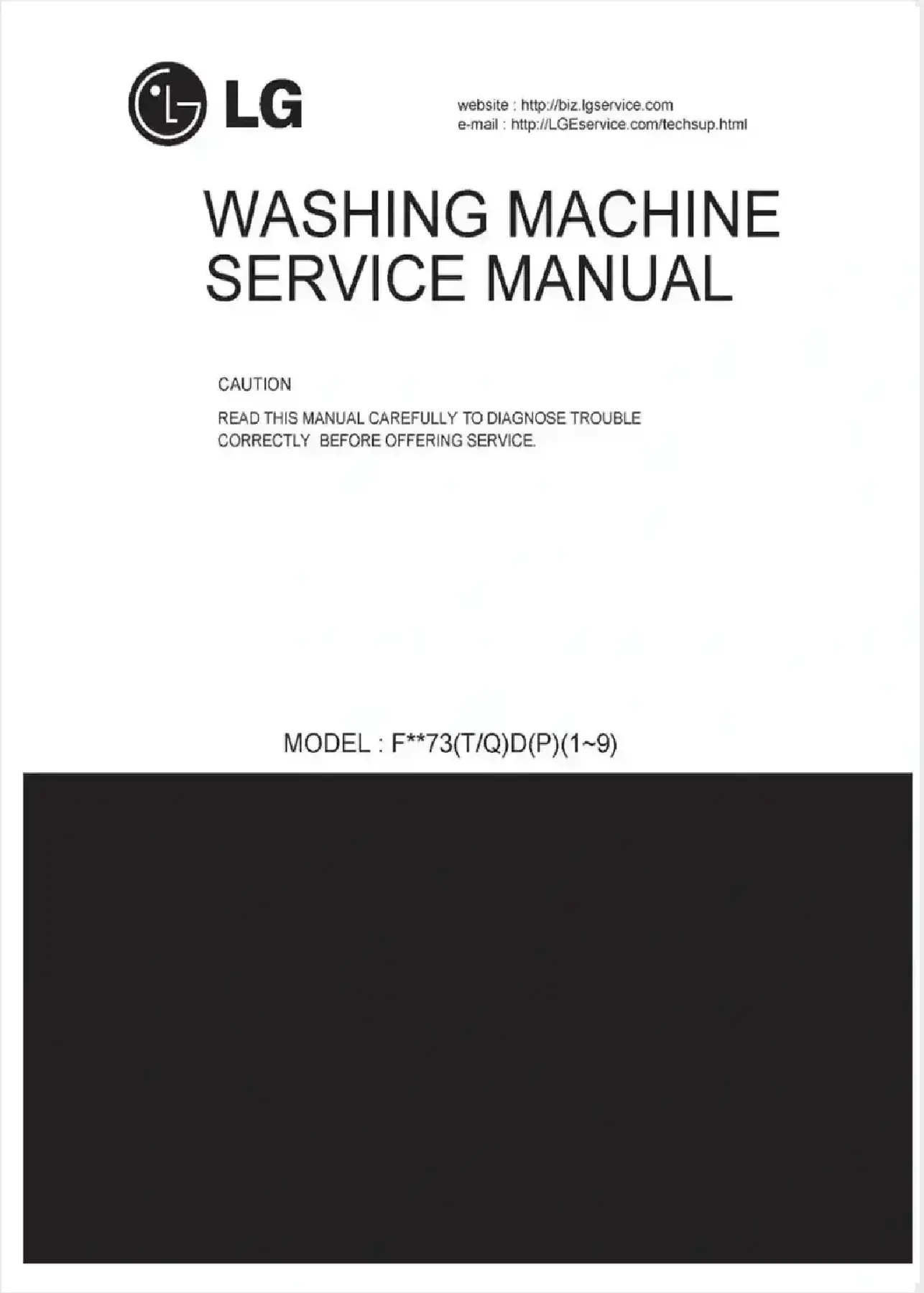 Lg f1073td service manual cover with LG logo, service website path, washer model codes and service caution notice