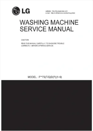 Lg f1073td1 service manual cover with LG logo, service website path, washer model codes and service caution notice