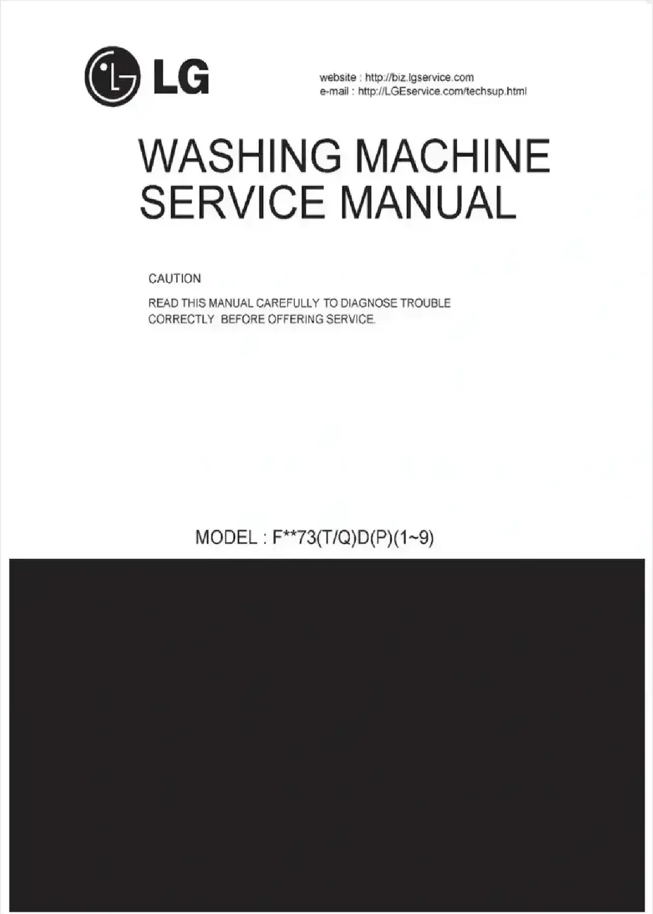 Lg f1073td1 service manual cover with LG logo, service website path, washer model codes and service caution notice