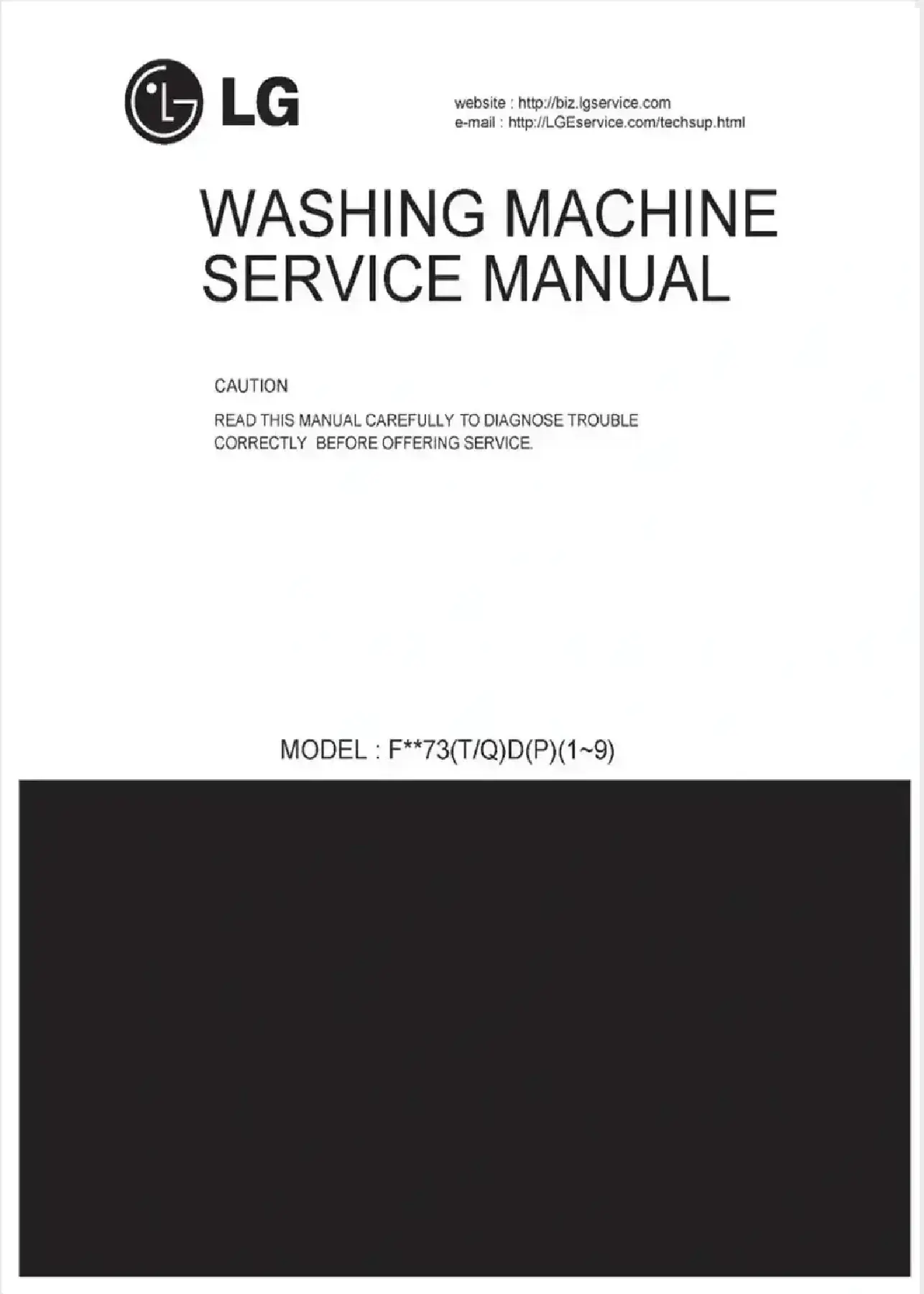Lg f1073td5 service manual cover with LG logo, service website path, washer model codes and service caution notice