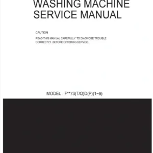 Lg f1073tdp service manual cover with LG logo, service website path, washer model codes and service caution notice