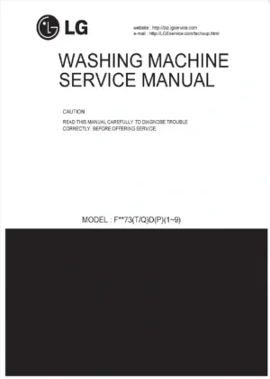 Lg f1073tdp service manual cover with LG logo, service website path, washer model codes and service caution notice