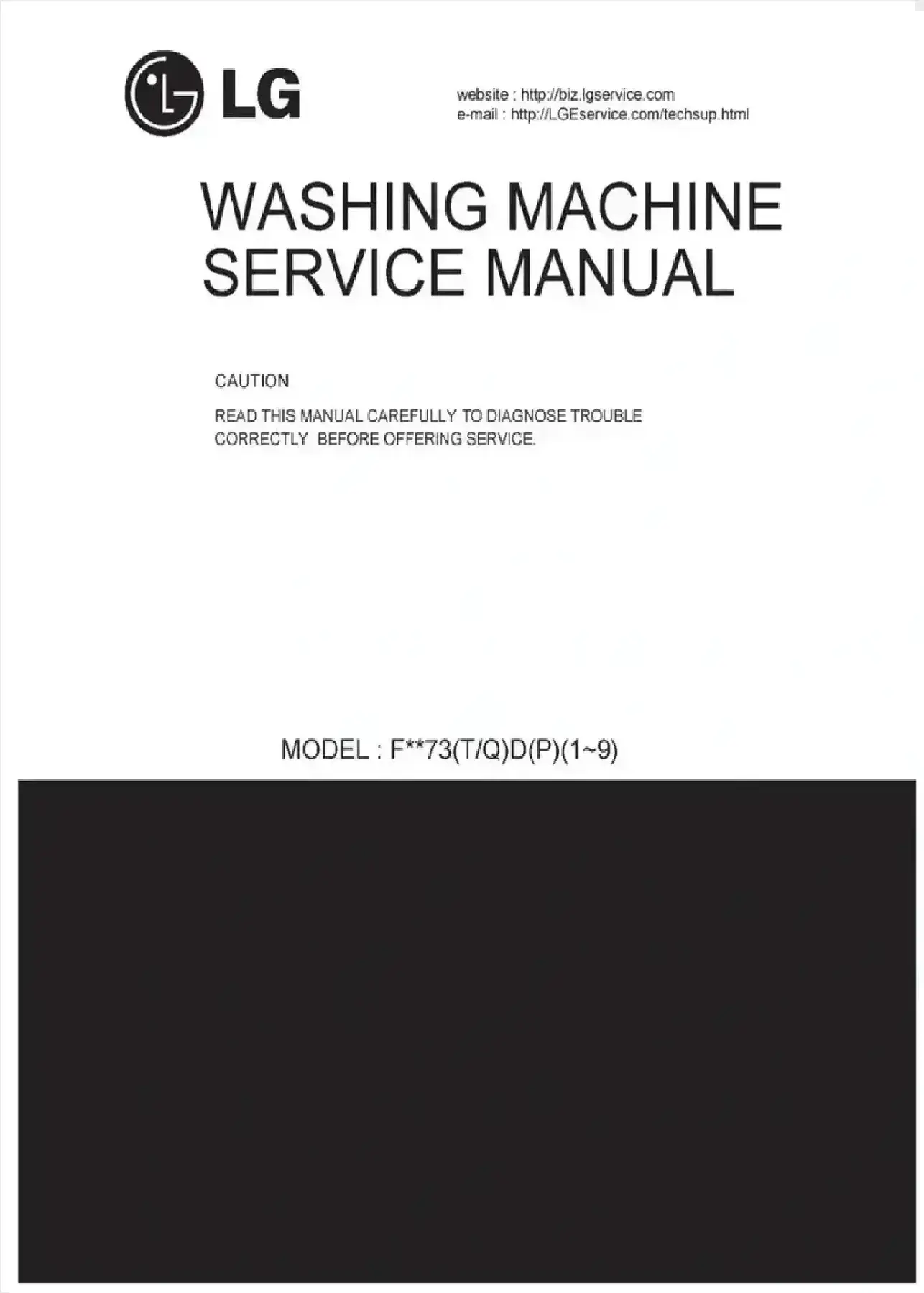 Lg f1073tdp service manual cover with LG logo, service website path, washer model codes and service caution notice