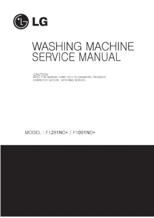 Lg f1081nd service manual cover with LG logo, service website path, washer model codes and service caution notice