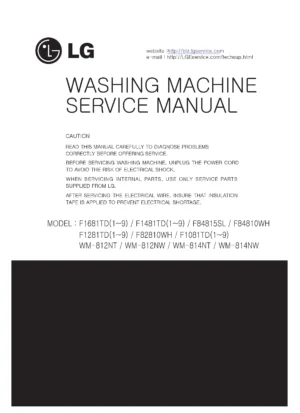 Lg f1081td service manual cover with LG logo, service website path, washer model codes and service caution notice